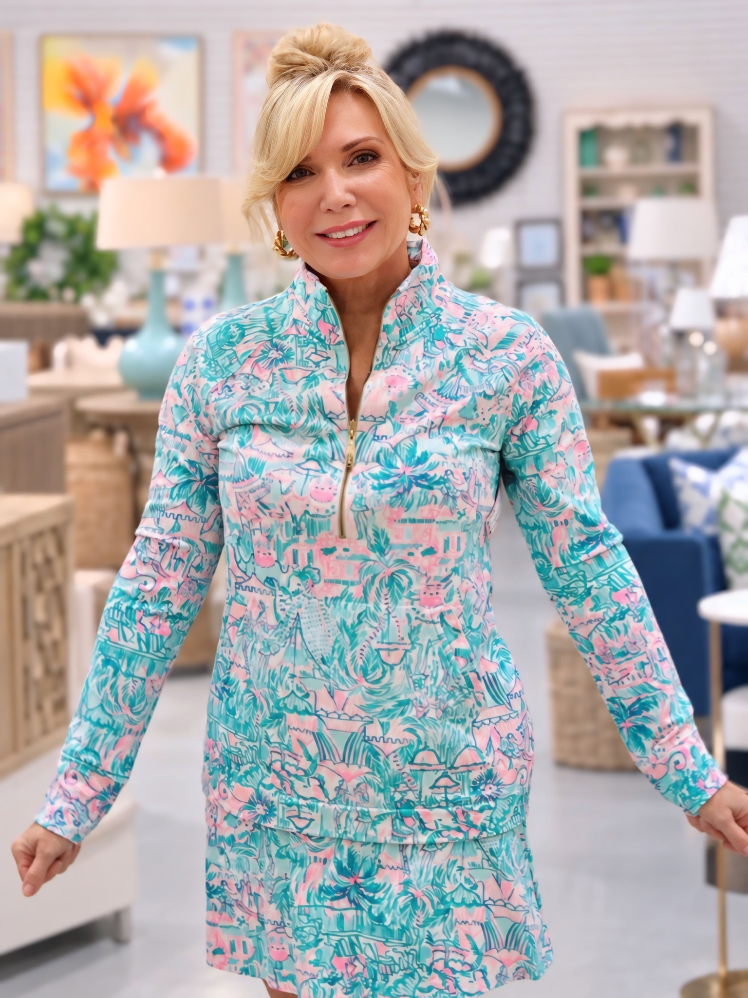 A pink and turquoise printed dress from True Fashionistas brings fresh colors to consignment style. Celebrate National Consignment Day in Naples and discover playful secondhand looks for every season.