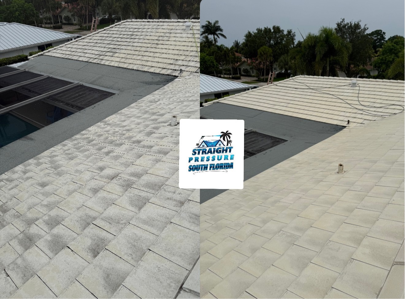 Professional white roof cleaning and restoration service in Boca Raton. Before and after results by Straight Pressure South Florida, the experts in spotless roofs.