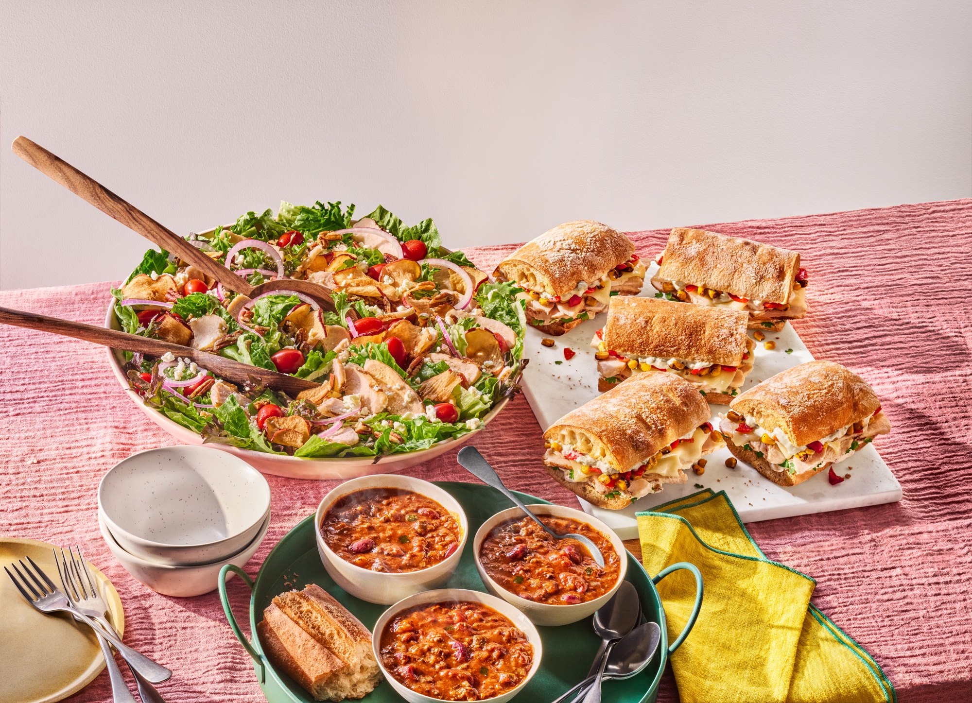 Fall Catering Spread with Fuji Apple Chicken Salad, Spicy Fiesta Chicken Sandwich & Hearty Fireside Chili