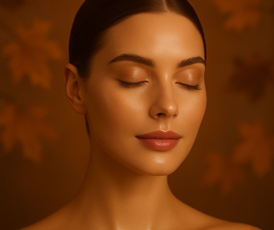 A serene woman with eyes closed shows smooth, glowing skin and soft makeup, set against a warm autumn-themed background with blurred leaves, creating a calm, elegant, and naturally beautiful portrait.