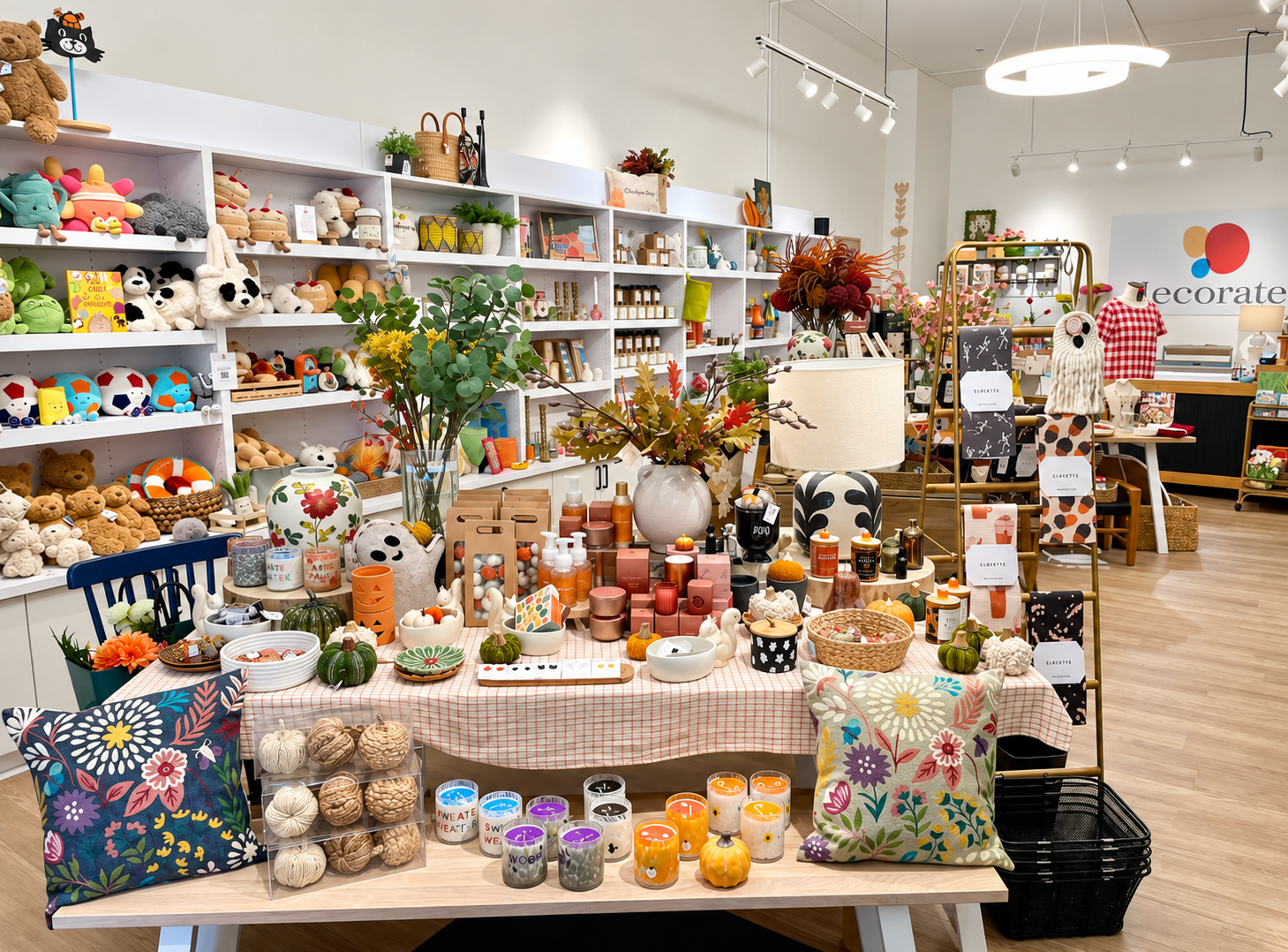 Explore Decorate’s colorful interior filled with seasonal home décor, candles, ceramics, floral acce 