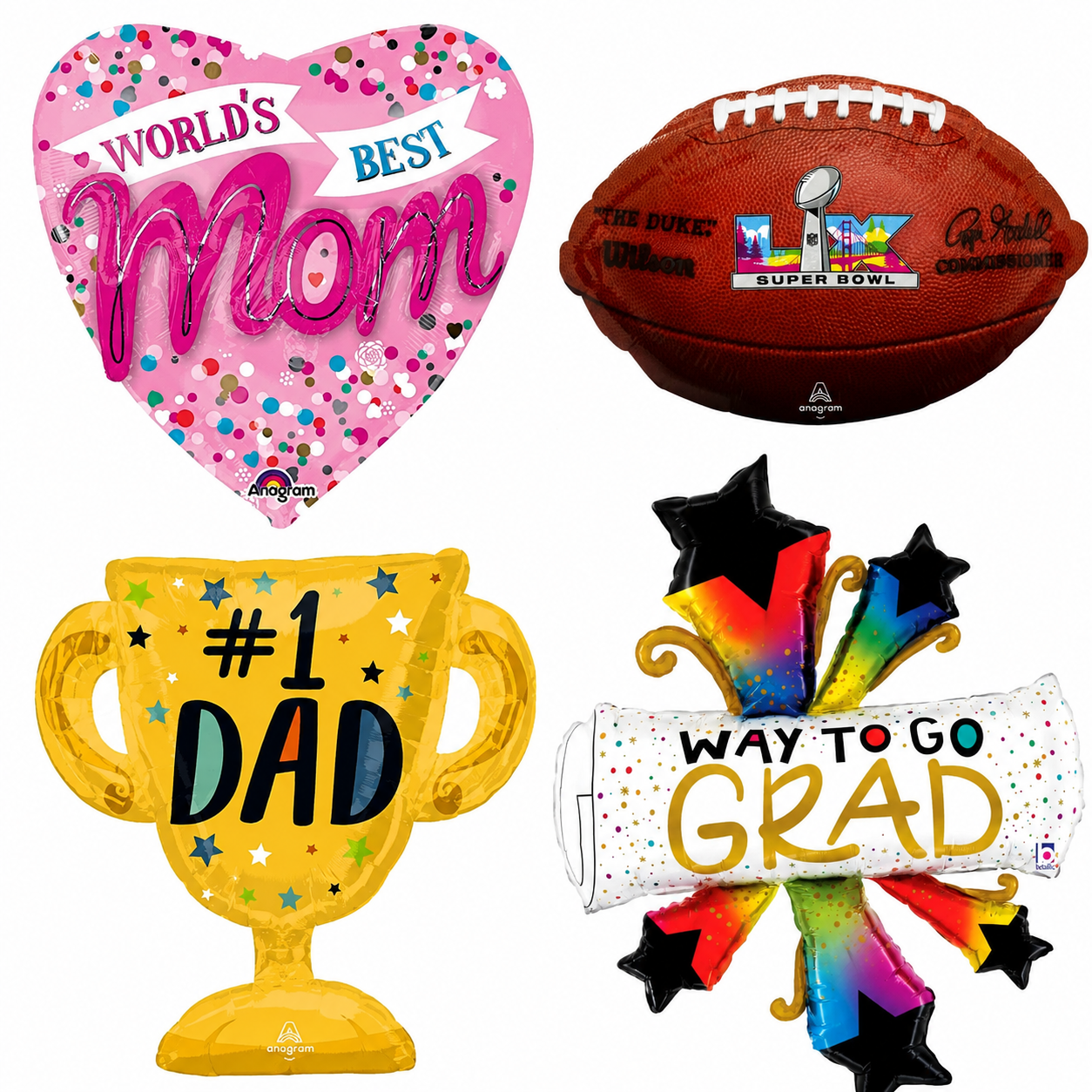 Celebrate every special occasion with our premium mylar balloon collection featuring Mother's Day, Father's Day, Graduation, and Football-themed designs. Perfect for parties, gifts, events, and festive decorations.