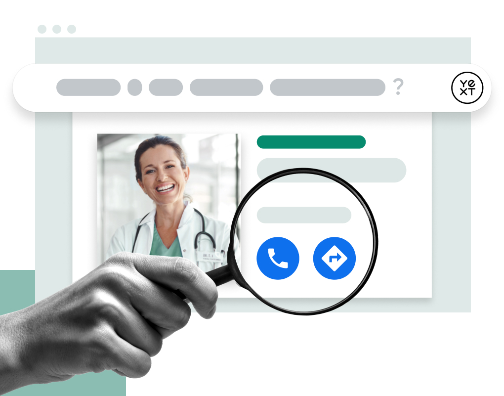 Search bar over doctor contact card with a magnifying glass over the call and direction CTA.