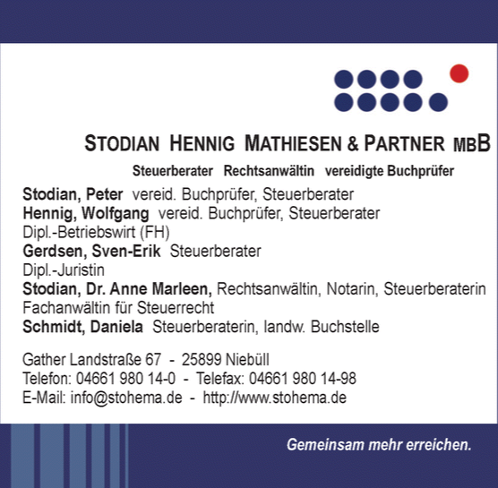STOHEMA Stodian · Hennig · Gerdsen · Schmidt · Voges · Kraus & Partner mbB, Gather Landstraße 67 in Niebüll
