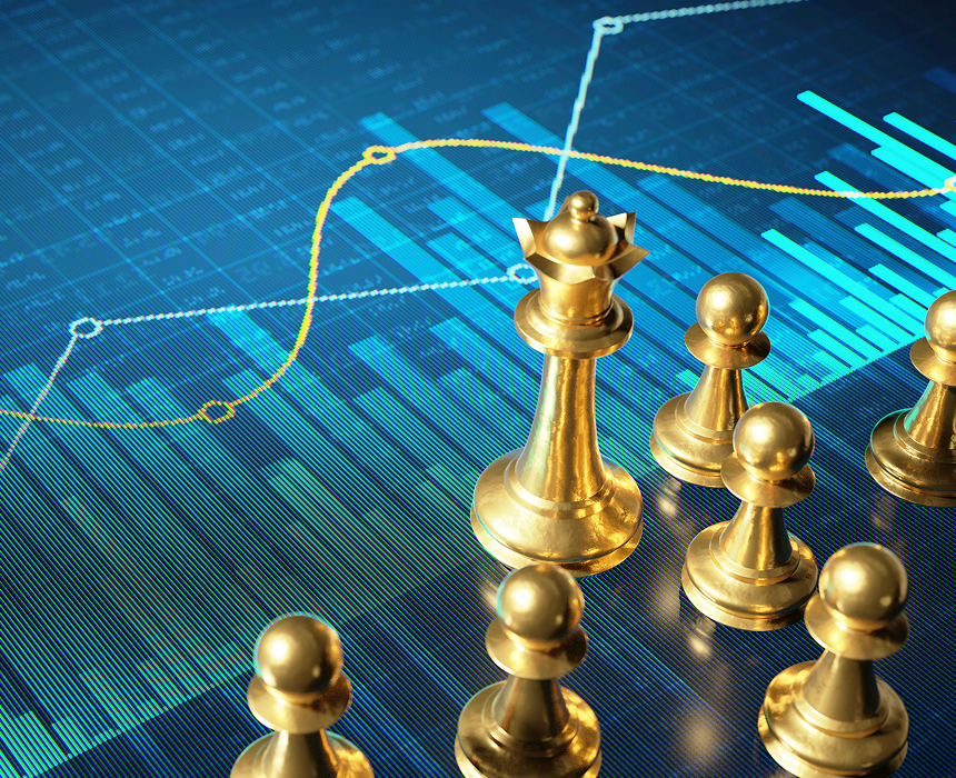 Chess pieces on top of financial graphs.