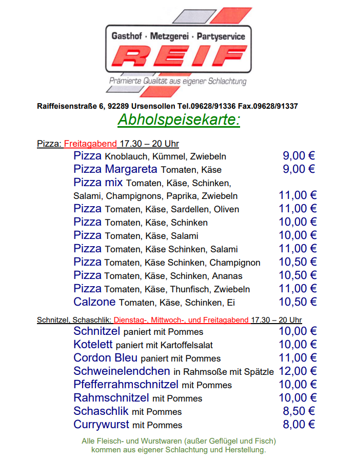 Metzgerei & Partyservice Reif, Raiffeisenstraße 6 in Ursensollen