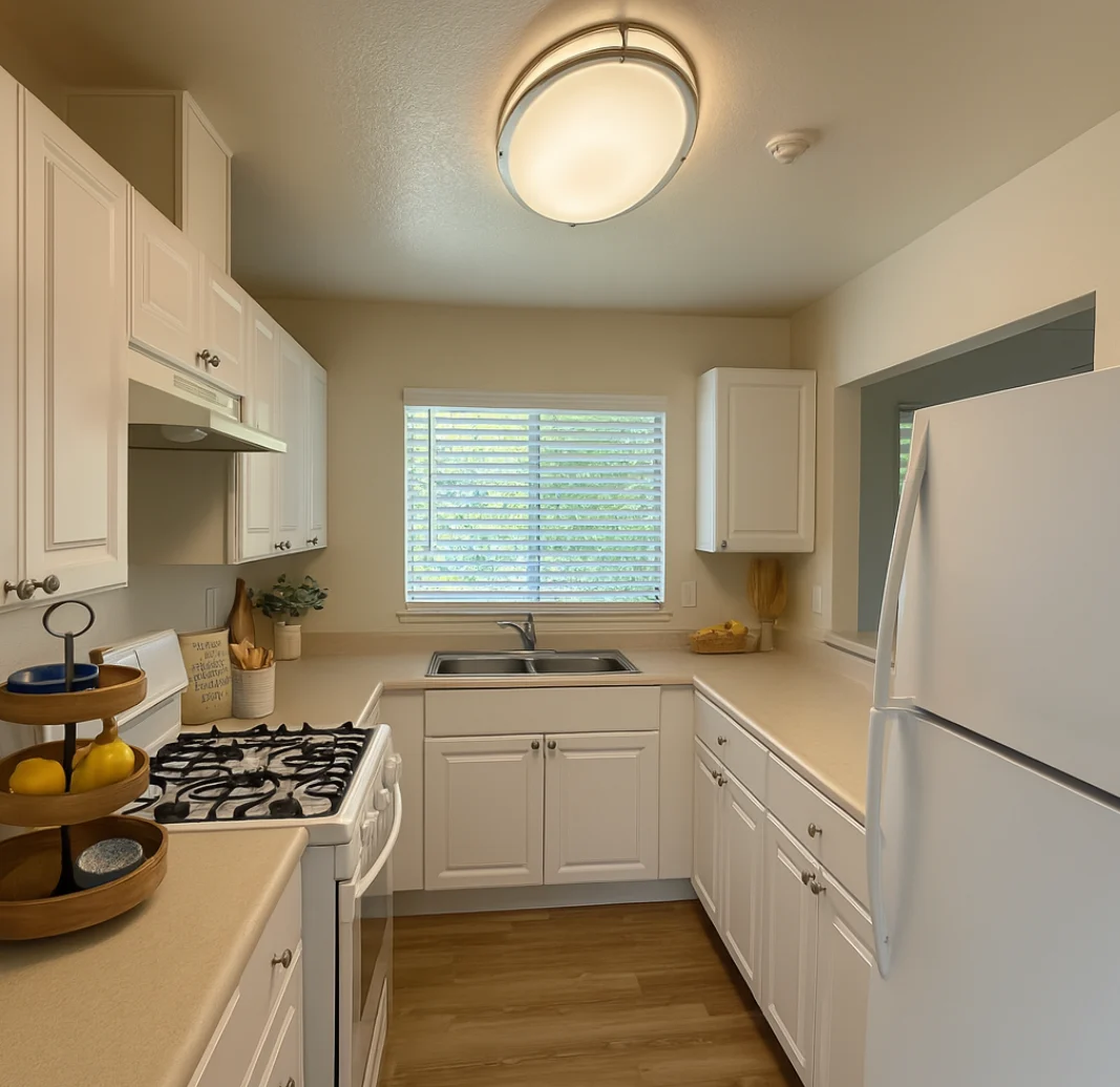 A kitchen with white cabinets and a white refrigerator.