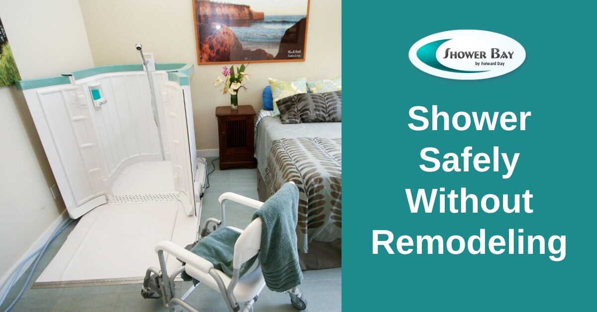 Promotional image highlighting the Shower Bay portable shower system, designed to help users shower safely without remodeling their bathroom.