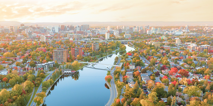 A bird's eye view of The Rideau Canal in Ottawa during early fall.