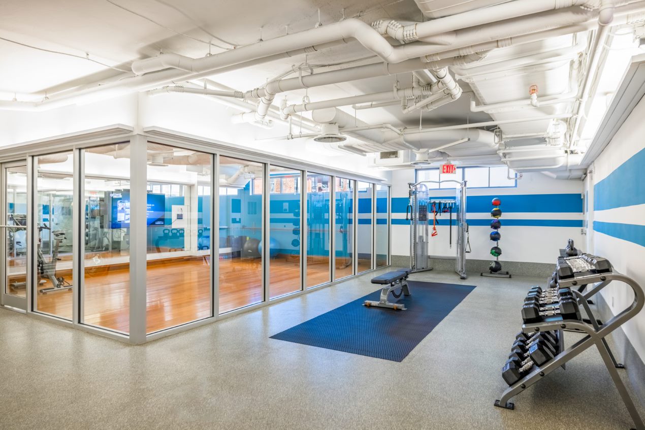 Fitness center includes weights and yoga studio