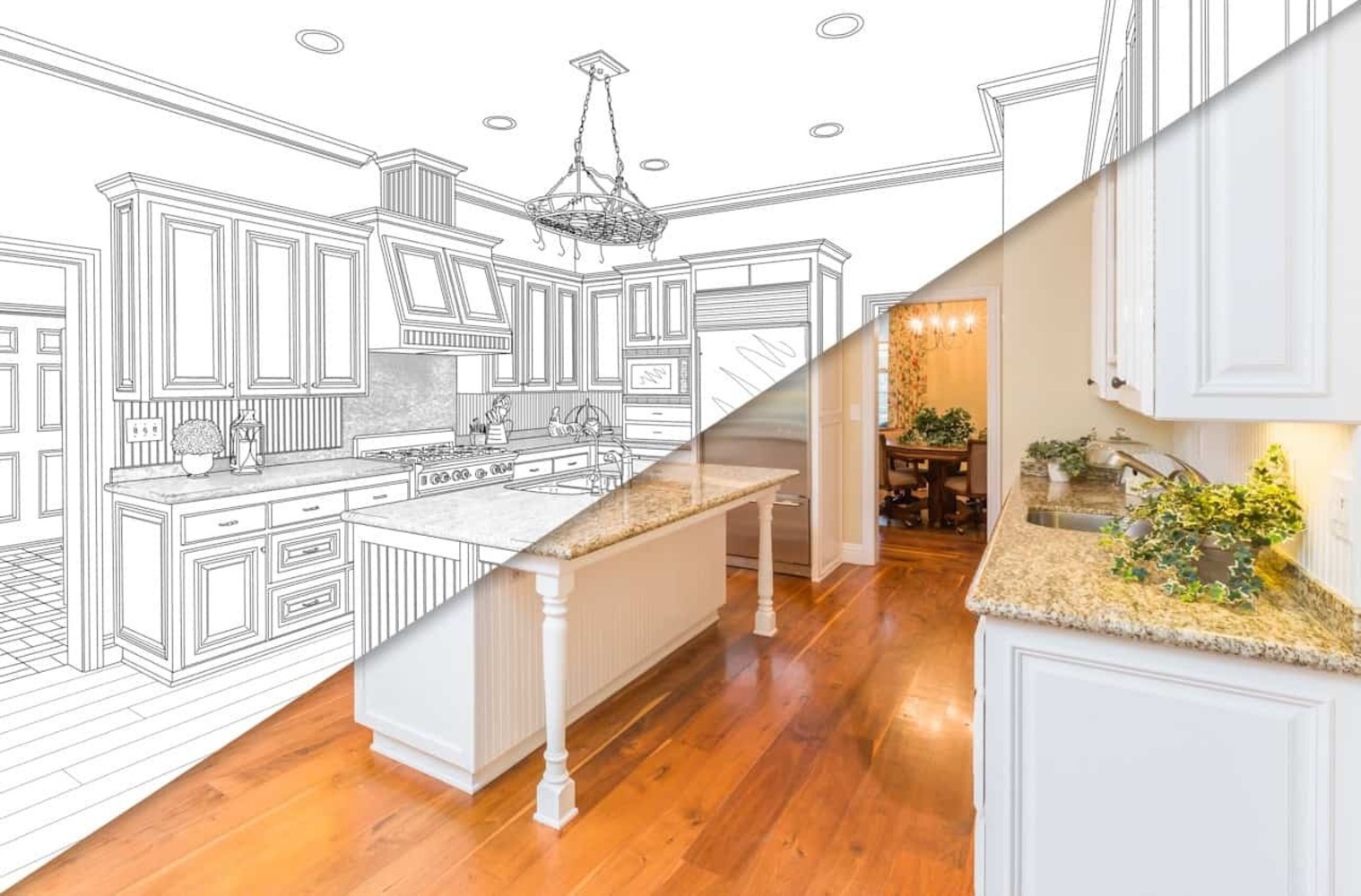 Concept image showing a kitchen moving from architectural planning to a finished remodel. Used with  