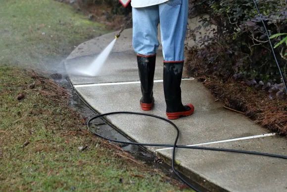 Professional pressure washing removes dirt, algae, and grime from a concrete sidewalk using high-pre 