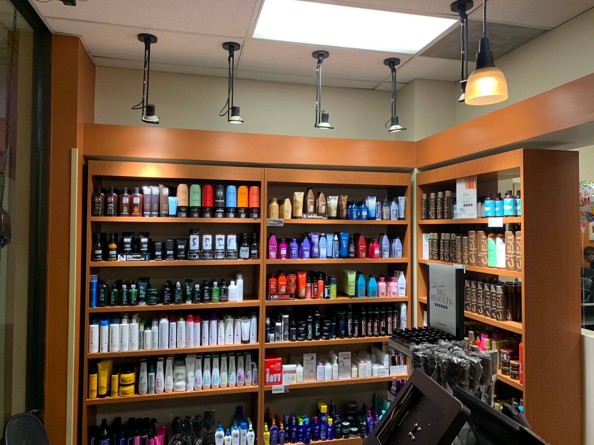 The shelves with products available for purchase at a Hair Cuttery Salon. Hair Cuttery Hayes (804)642-5593