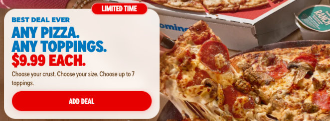 Excludes XL and Specialty Pizzas. Parmesan Stuffed Crust will be extra. Select this offer from 2/23/26-4/6/26. Online Only. Size availability varies by crust type.