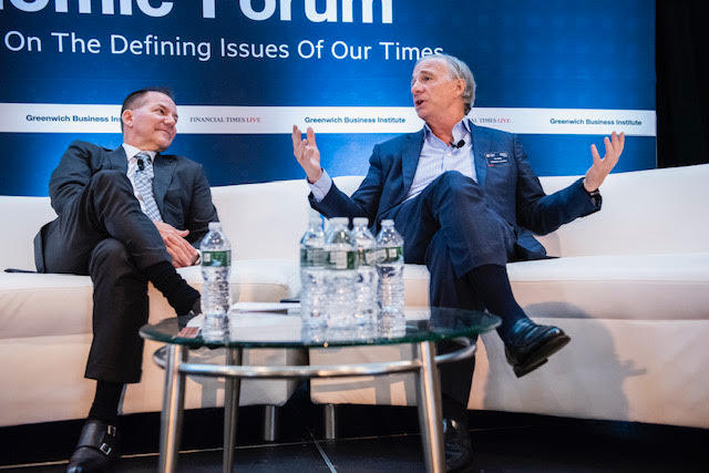 Commpro Worldwide caught this exclusive picture of Ray Dalio and Paul Tudor Jones delivering key note speech at 2019 Greenwich Economic Forum