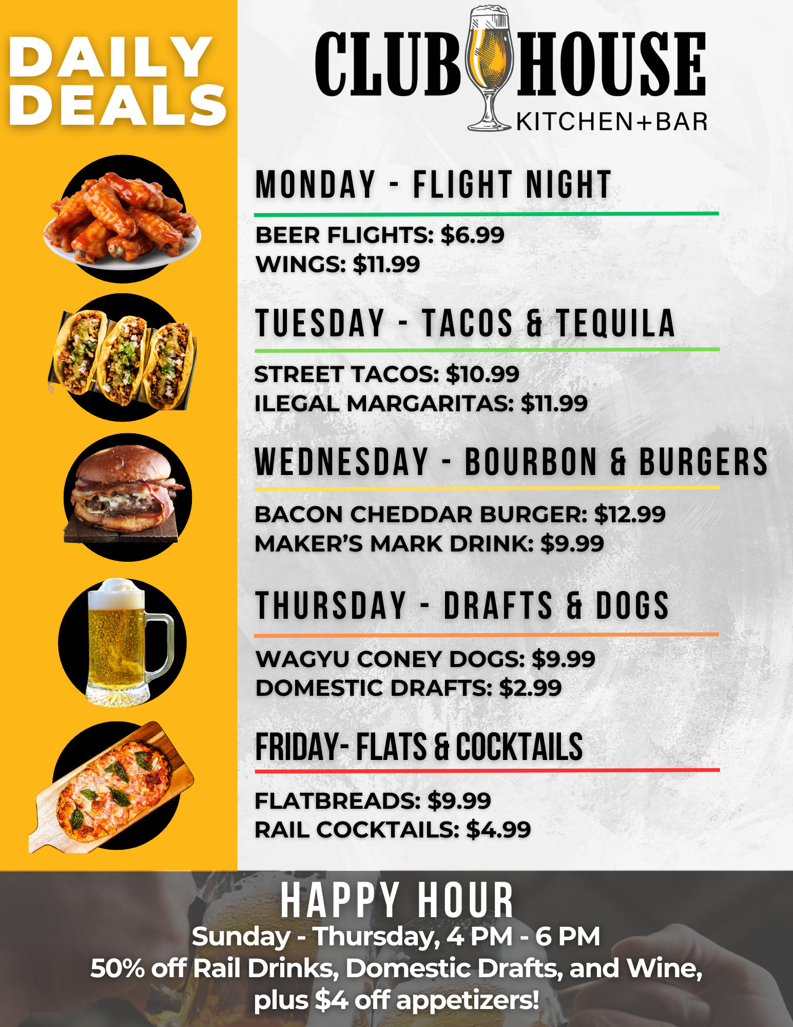 Clubhouse Daily Deals and Happy Hour specials!