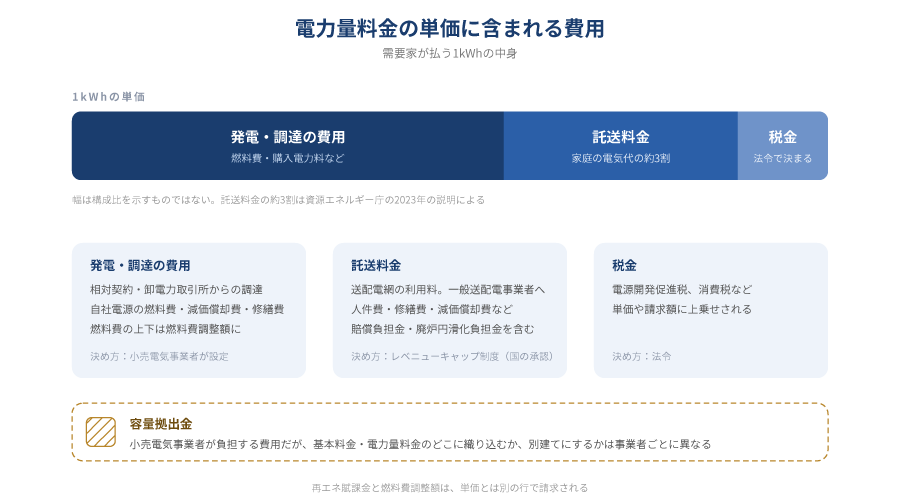 電力量料金の単価に含まれる発電・調達費用、託送料金（家庭の電気代の約3割）、税金の構成を示した図.png