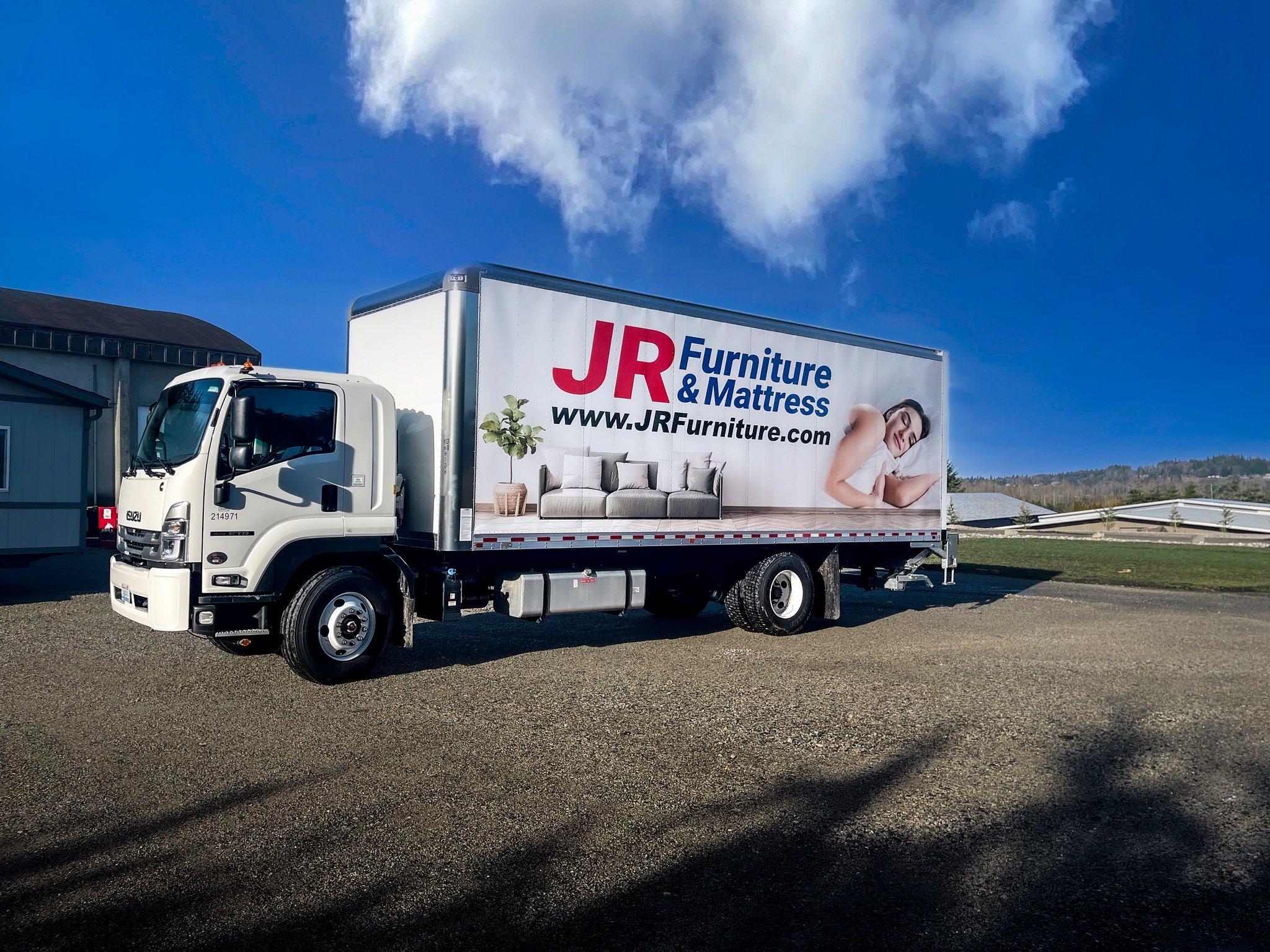 Box truck wrap for JR Furniture & Mattress on an Isuzu delivery truck, printed and installed by Ardor Printing.