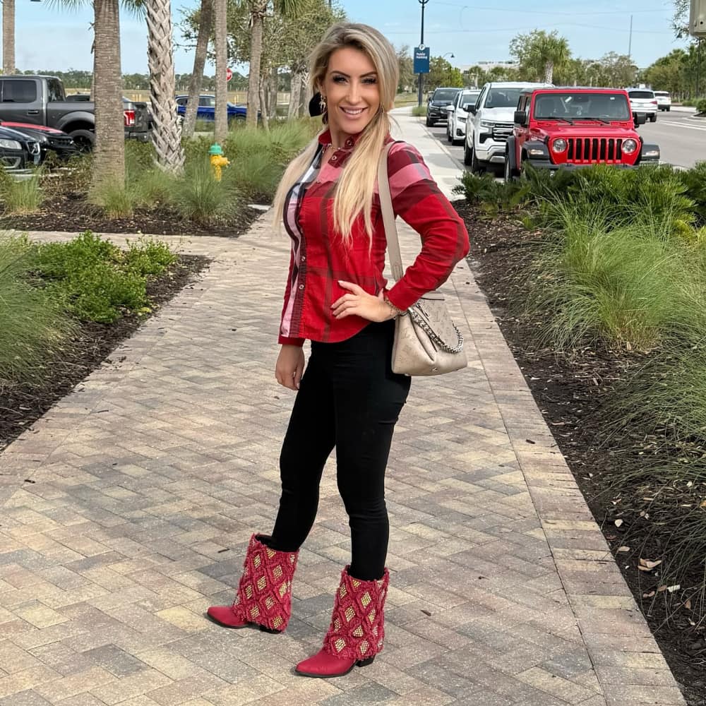 Beautiful Oksana wearing our Gram Glam Cabernet Red Cuff Boots with Crystals