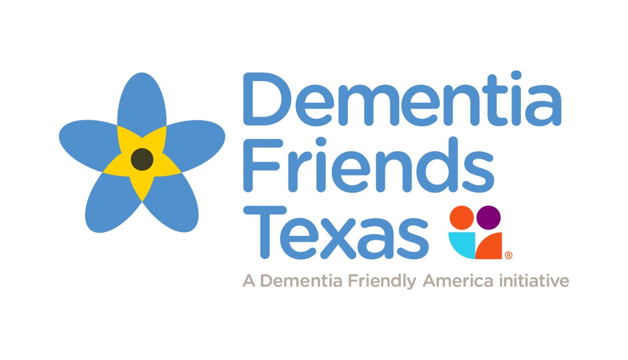 The logo for Dementia Friends Texas features a blue forget-me-not flower with a yellow center and a dark brown dot. To the right of the flower, the words "Dementia Friends Texas" are written in a large, bold, blue sans-serif font. Below this, smaller gray text reads "A Dementia Friendly America initiative." To the right of the "Texas" text, a small abstract icon shows two figures, one in orange and one in purple, overlapping with a teal shape representing a person. A small registered trademark symbol is next to the icon.