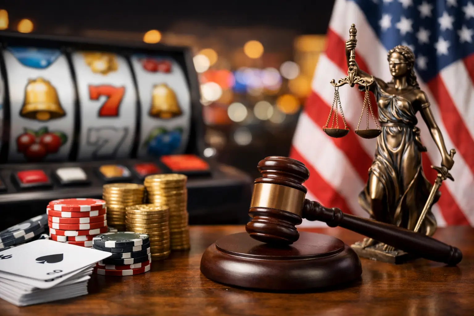 A conceptual image representing the intersection of gambling and the law, featuring a slot machine, poker chips, playing cards, a gavel, the Statue of Justice, and the American flag.