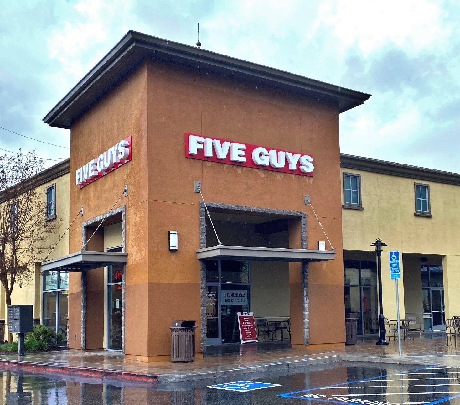 Exterior photograph of the Five Guys restaurant at 116 E. El Camino Real in Sunnyvale, California.