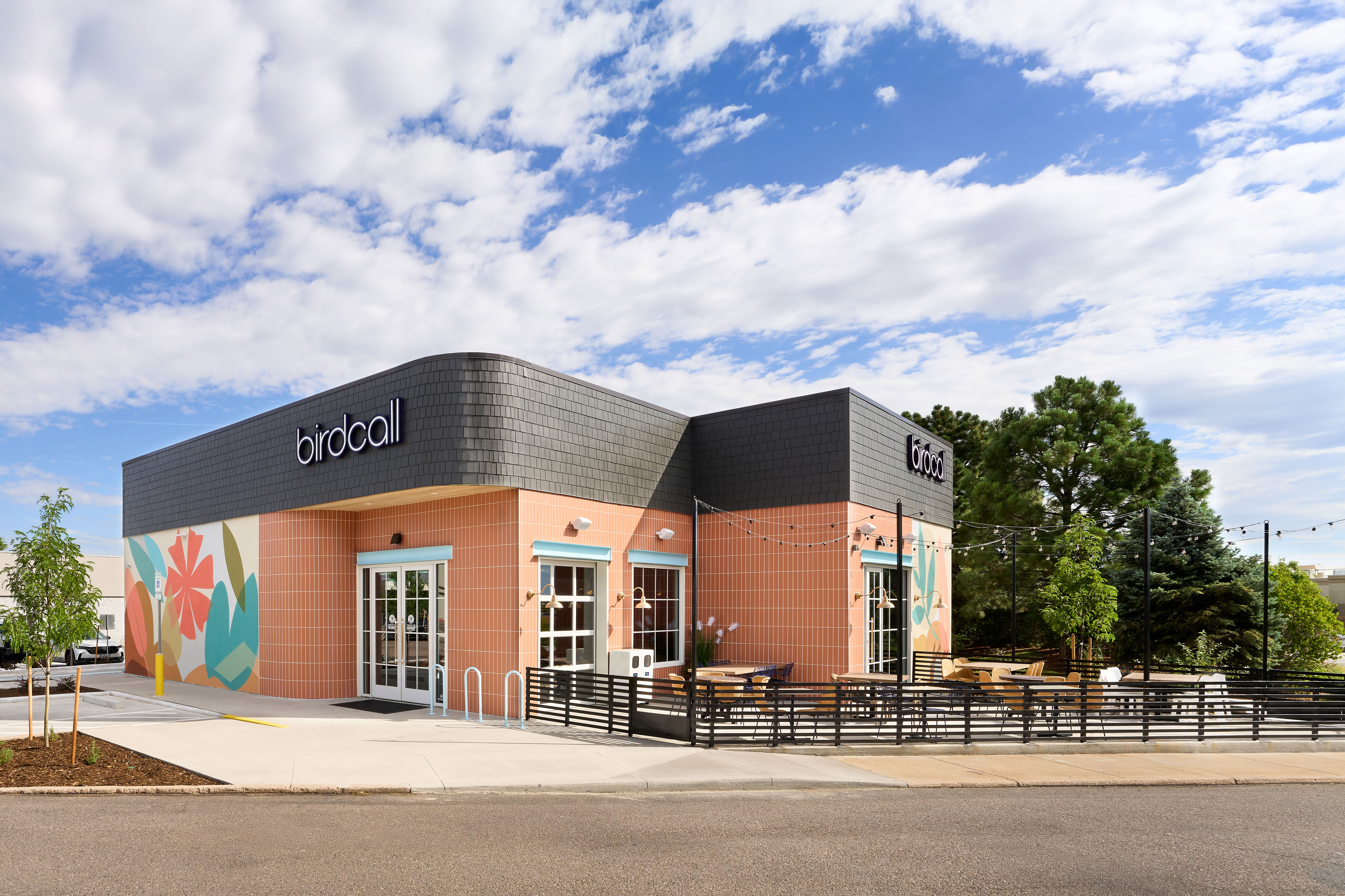 Exterior of Birdcall Cherrywood Square, showing off main entrance and dog-friendly patio.