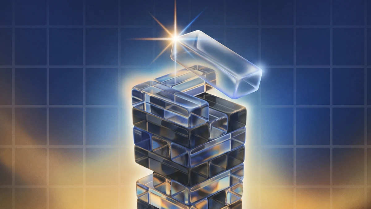 Glass Jenga blocks stacked in a tower, with the top block glowing and lifting away, set against a blue and gold grid background — illustrating how trust is built incrementally and can be disrupted by a single signal.