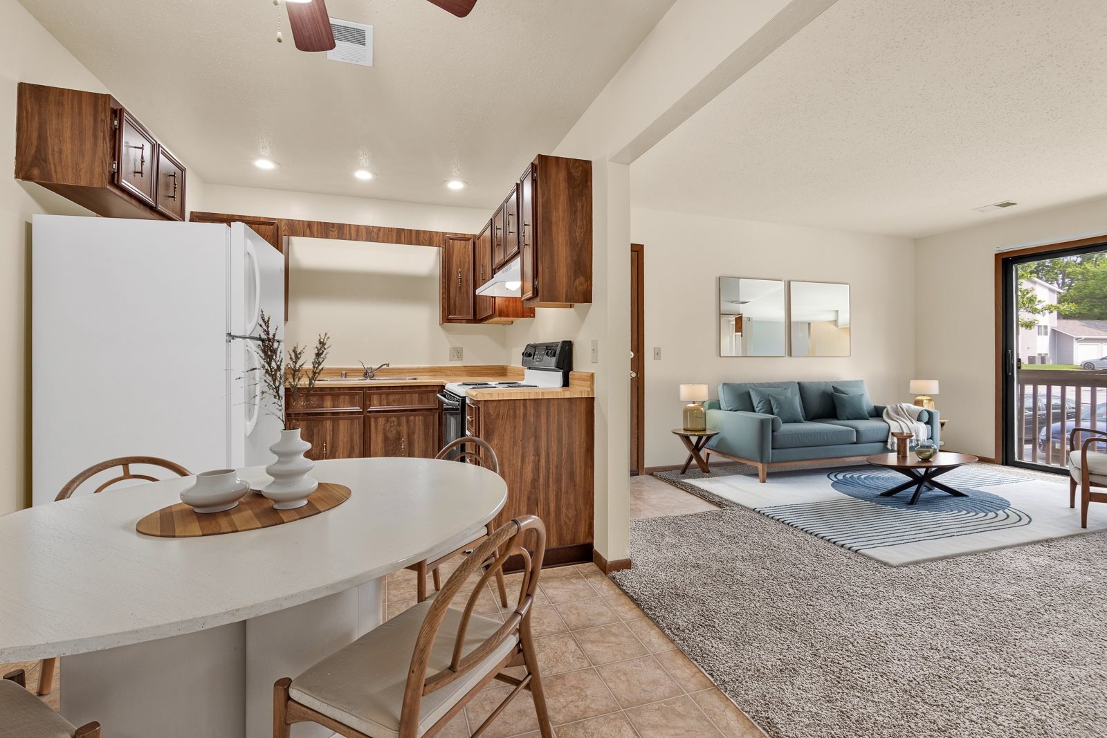 Kitchen, living room and dining area