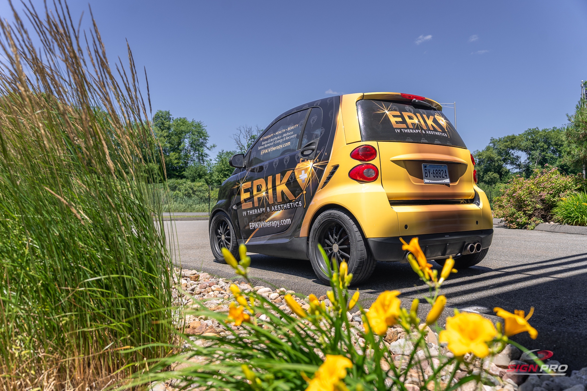 Custom full vehicle wrap designed, produced, and installed by Sign Pro for EPIK IV Therapy & Aesthetics, transforming a Smart Fortwo into a mobile branding asset.