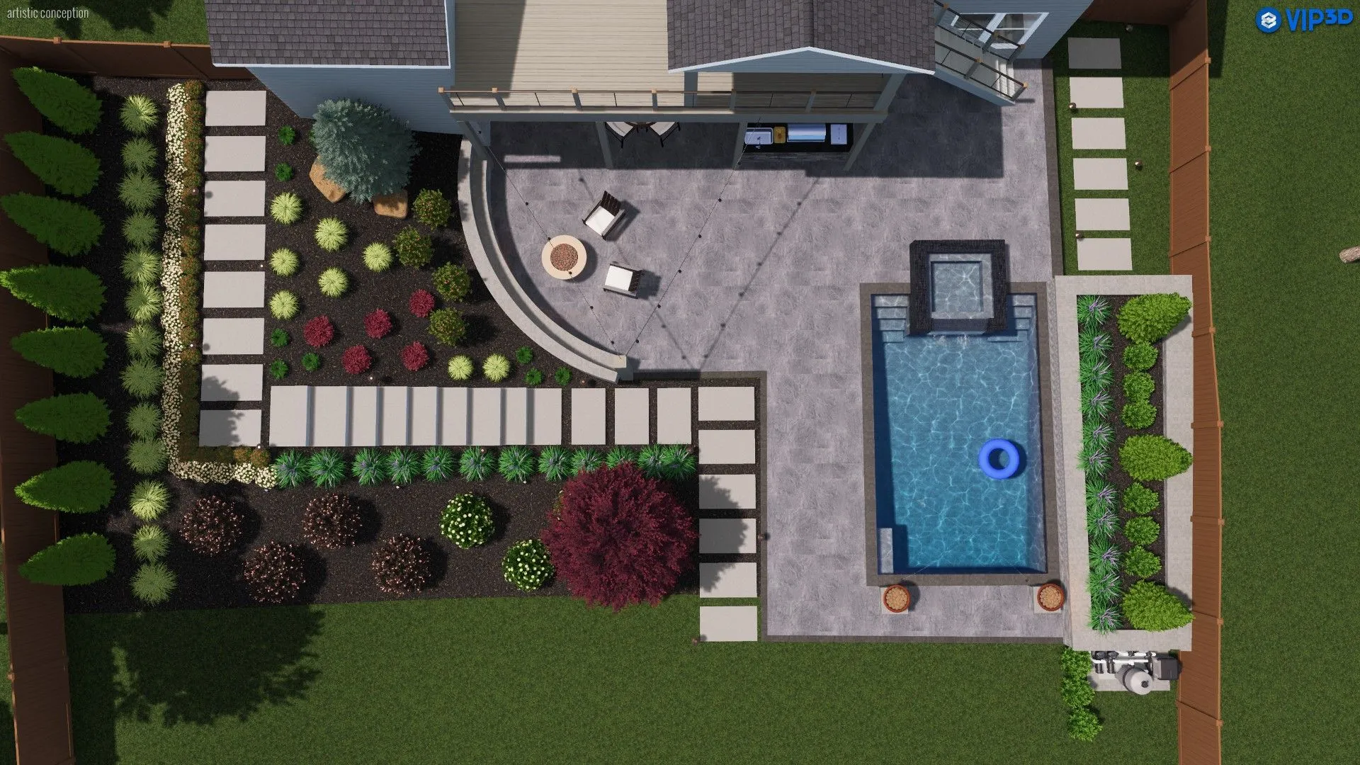 This bird's-eye view illustrates Zamora Design and Build's comprehensive design capabilities, showcasing a harmonious integration of hardscape elements and lush plantings for an ideal outdoor living space.