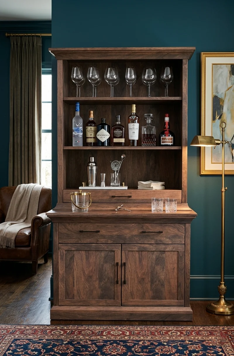 Fairmont Bar Cabinet by Foundry 39, a two-piece solid wood hutch and base with adjustable shelving,  