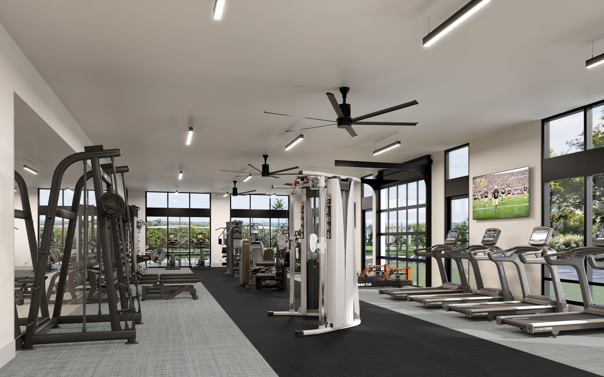 24/7 fitness center with free weights and cardio machines.