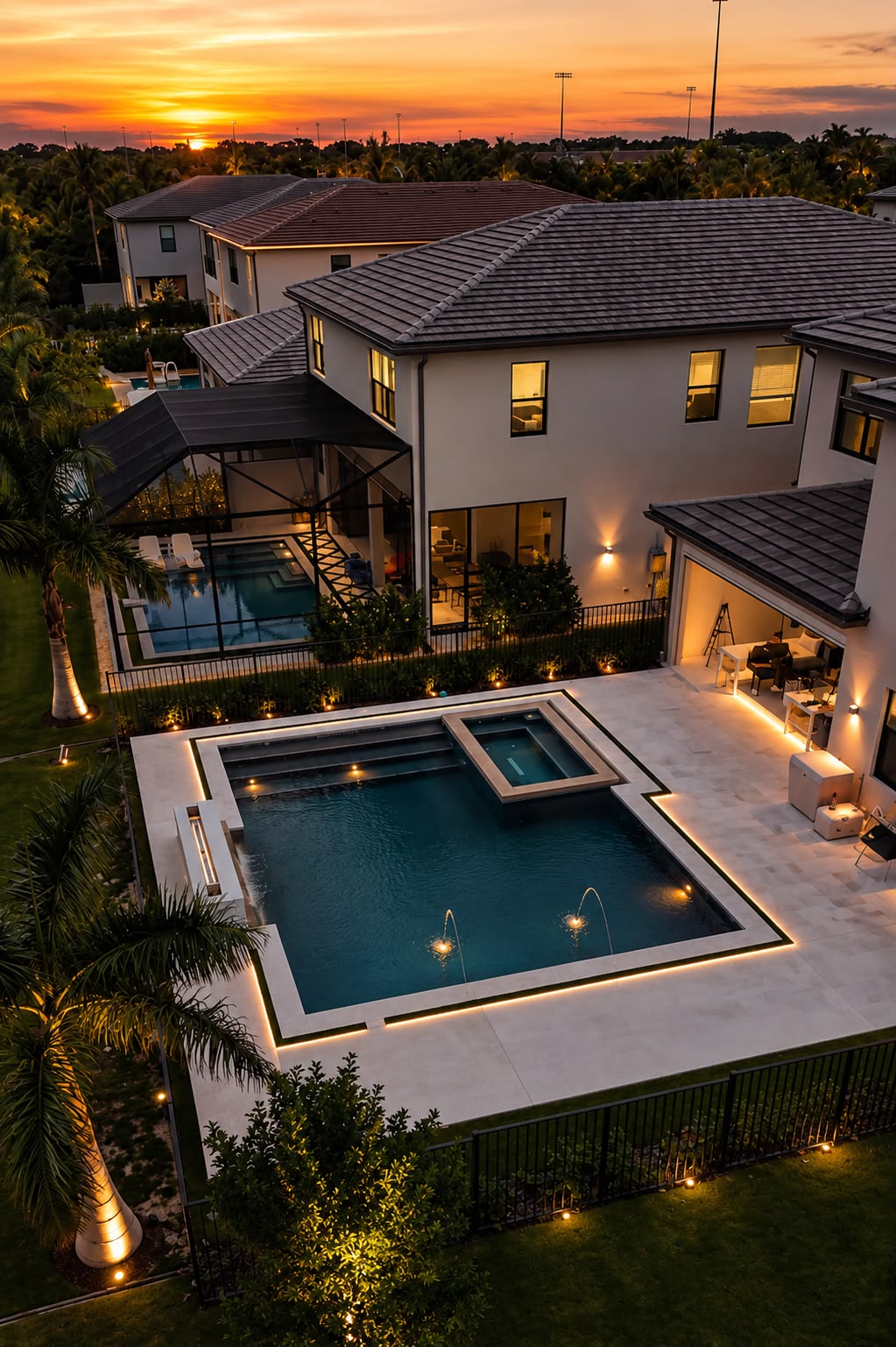 Modern custom swimming pool featuring an illuminated raised wall with a wide sheet waterfall, surrounded by clean decking and tropical landscaping at sunset.