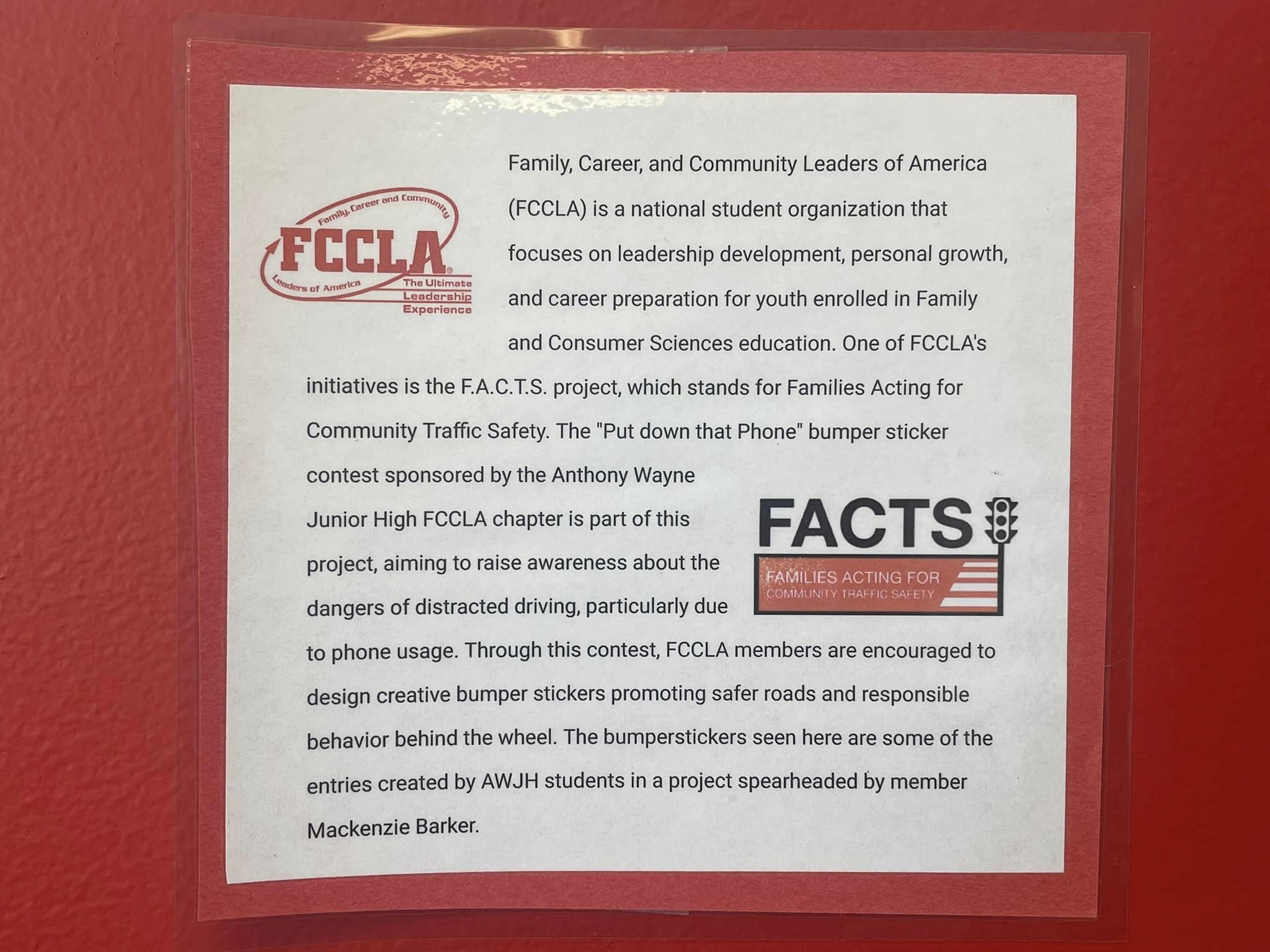 Proudly presenting Anthony Wayne Jr. High FCCLA youth bumper stickers to bring awareness and help eliminate distracted driving. Please stop by to see their artwork; they did a great job! Our kids are pleading: put down the phone.