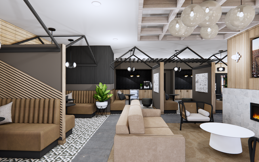 Renderings of ample lobby seating.
