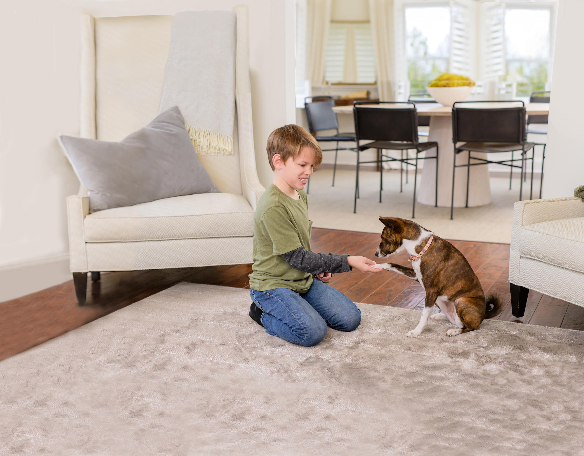 boy playing with. a puppy on an area rug