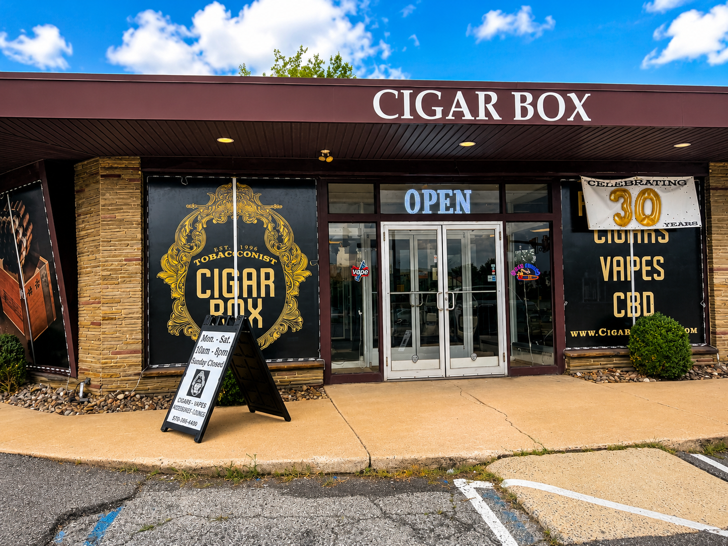 The front entrance of CigarBox Tamaqua welcomes customers with clear storefront signage and a clean, professional exterior. Visit to browse premium cigars, tobacco products, cigar accessories, and a carefully curated selection of products in a friendly, inviting retail environment in Tamaqua, Pennsylvania.