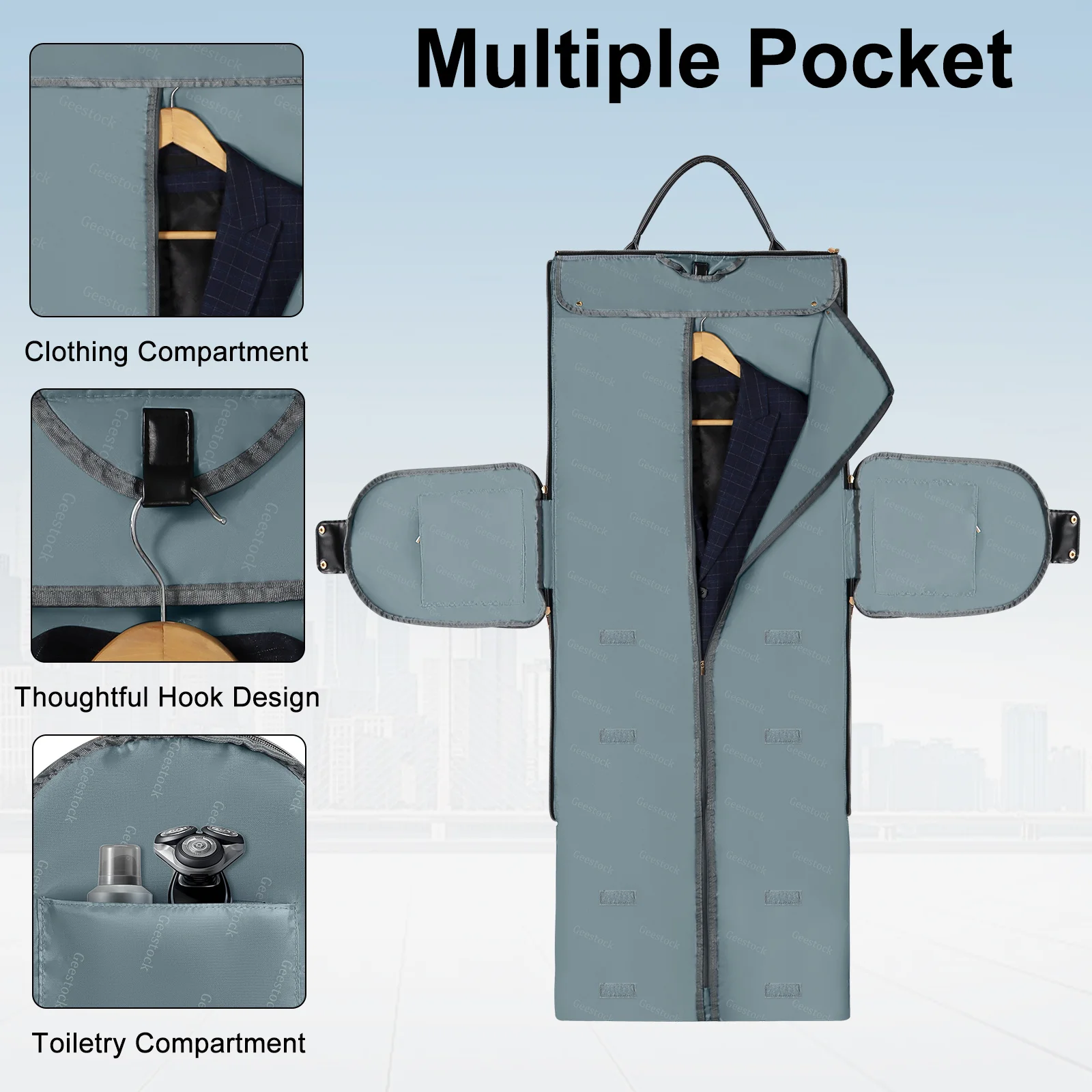 A product image showcasing a garment bag with multiple compartments. The bag is displayed in a flat position, highlighting its features such as a clothing compartment, a thoughtful hook design, and a toiletry compartment. The background is a light blue gradient, suggesting a clean and modern aesthetic.