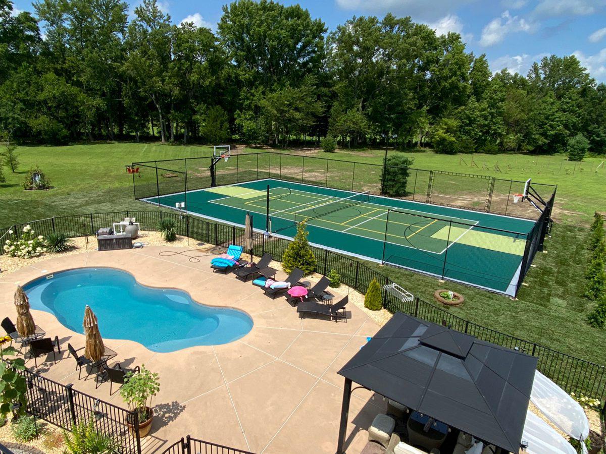 The ultimate in multi-sport experiences in your own backyard, play full court basketball, tennis, pickleball, badminton and volleyball on this 50′ x 100′ court.  Your backyard will be the entertain destination for your kids and their friends, family get togethers or invite the whole team.
