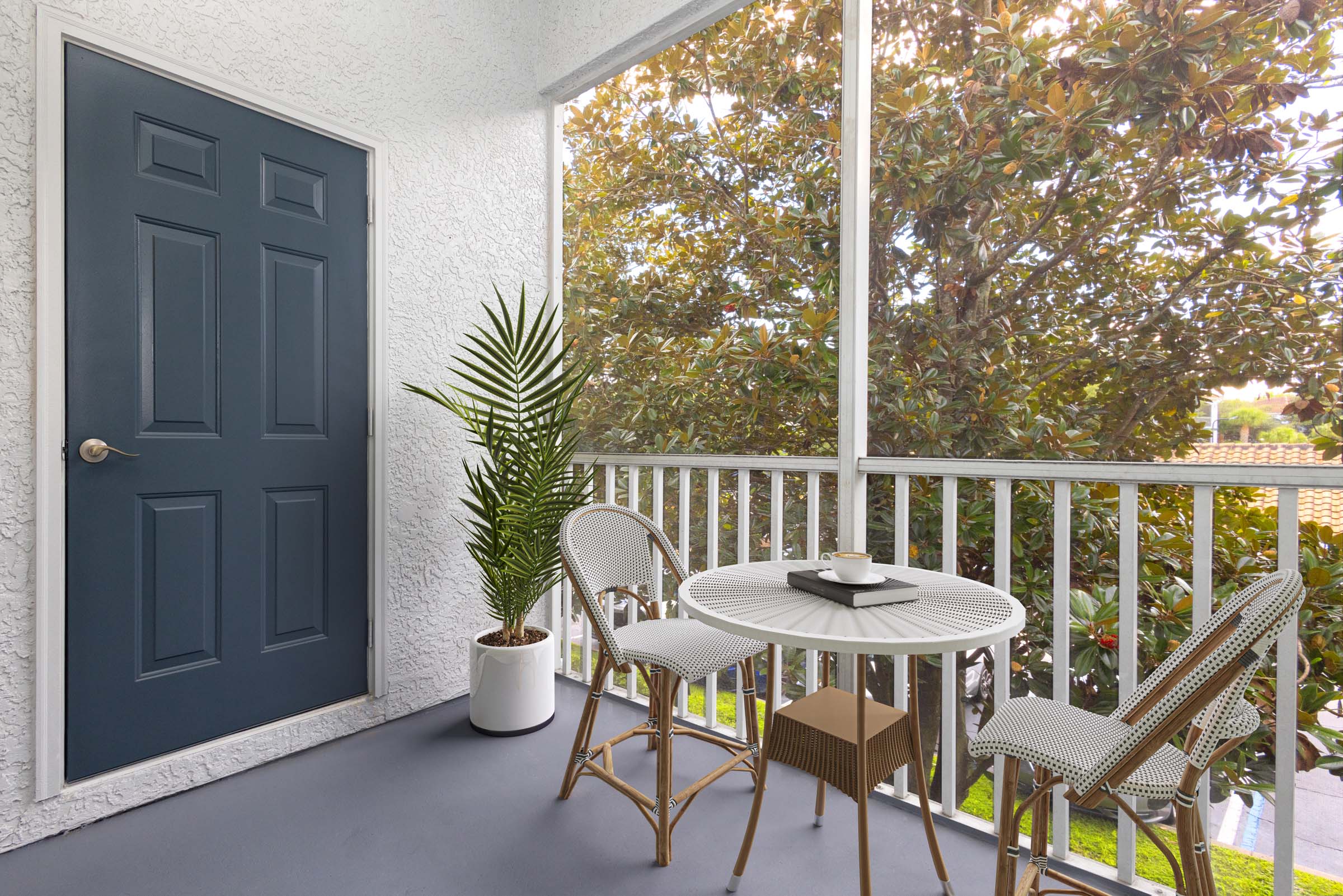 Private balcony with storage closet at Camden World Gateway apartments in Orlando, FL