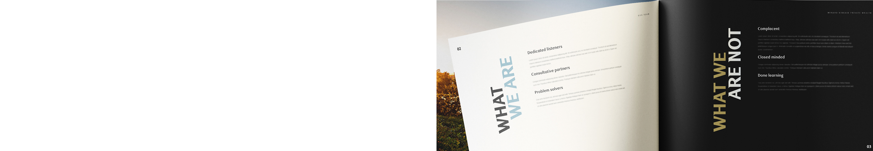 A two-page spread highlighting the Menard Kinkaid Private Wealth team's brand identity.