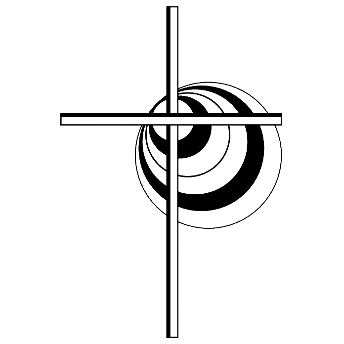 Ein schlankes Kreuz mit mehreren Kreisen in schwarz-weißer Optik.