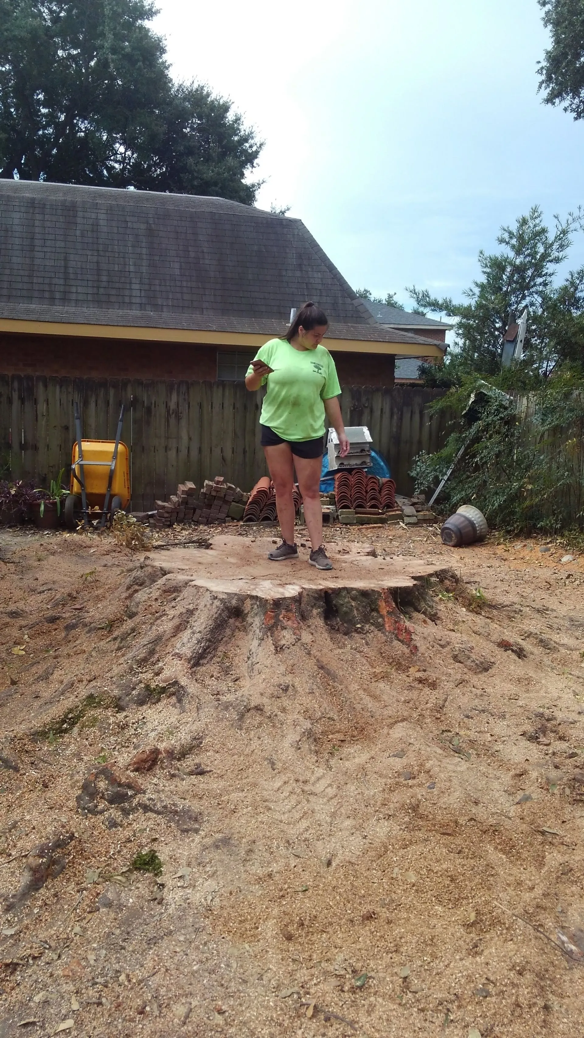 Woman in neon shirt standing on a huge tree stump, holding phone, with construction materials and tools in the background.