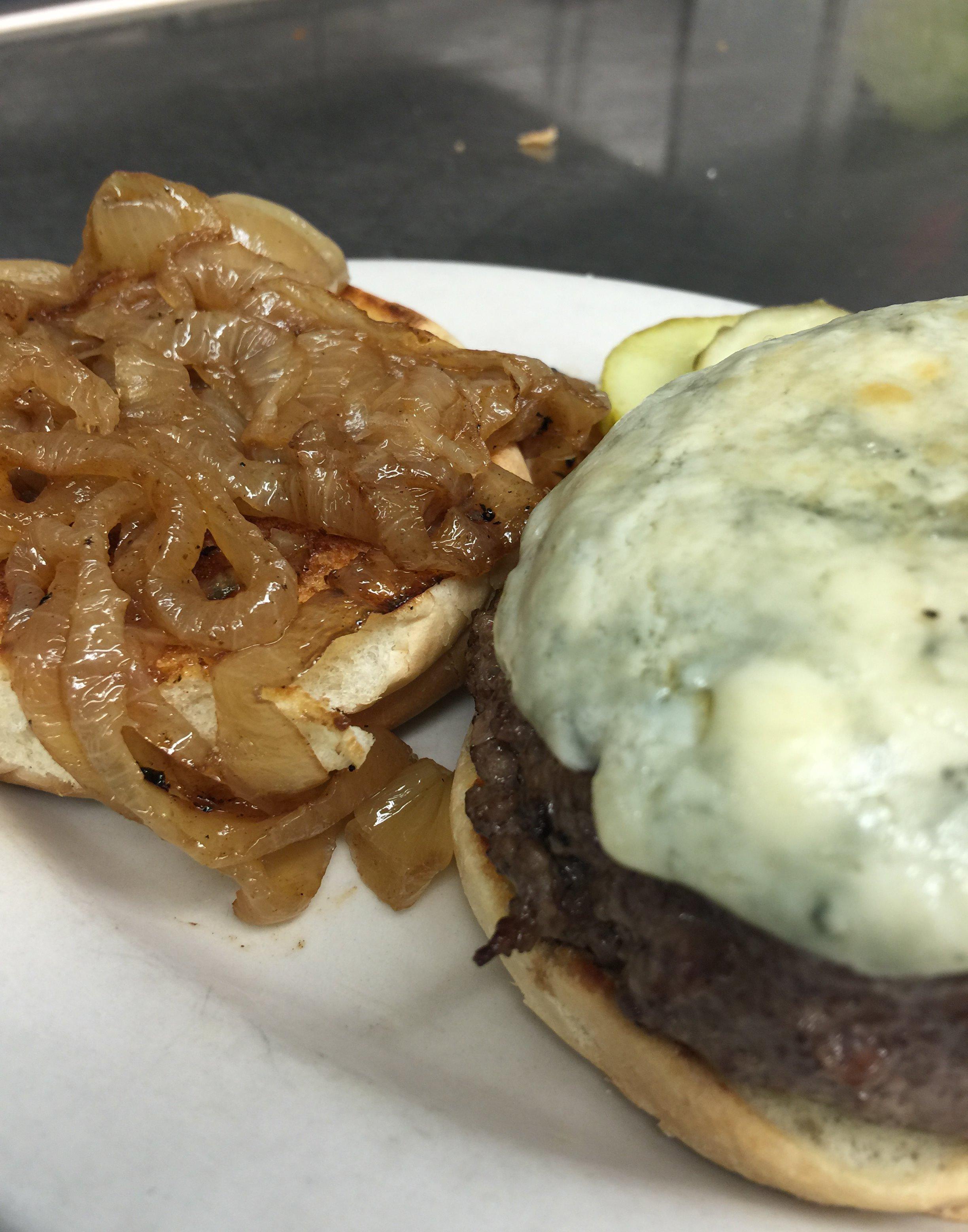 RT 22 burger, gorgonzola and grilled onions