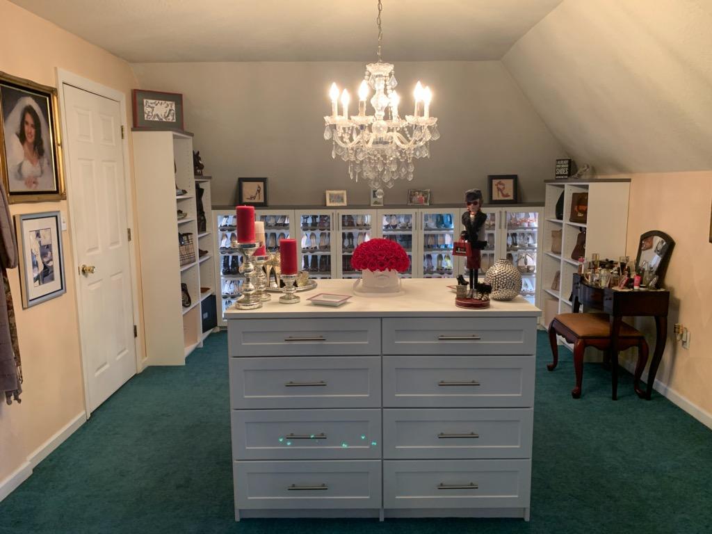 Custom shoe cabinets with LED lighting, glass doors, 16 drawer island in Phillipsburg