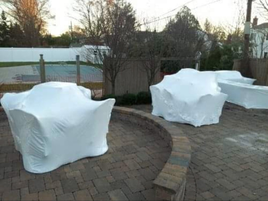 Shrink wrap outside furniture to keep it safe through the winter months.