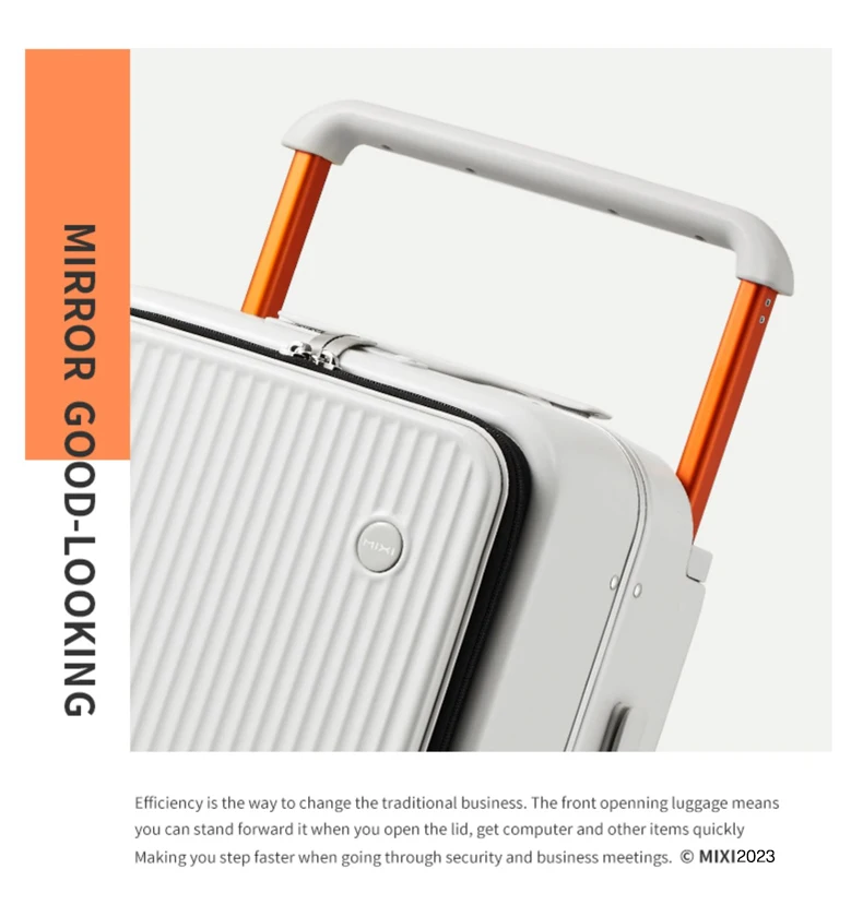 A close-up shot of a white suitcase with orange accents on the telescoping handle. The suitcase has a textured, ribbed surface and a circular logo on the front. Text overlays provide marketing copy and copyright information.