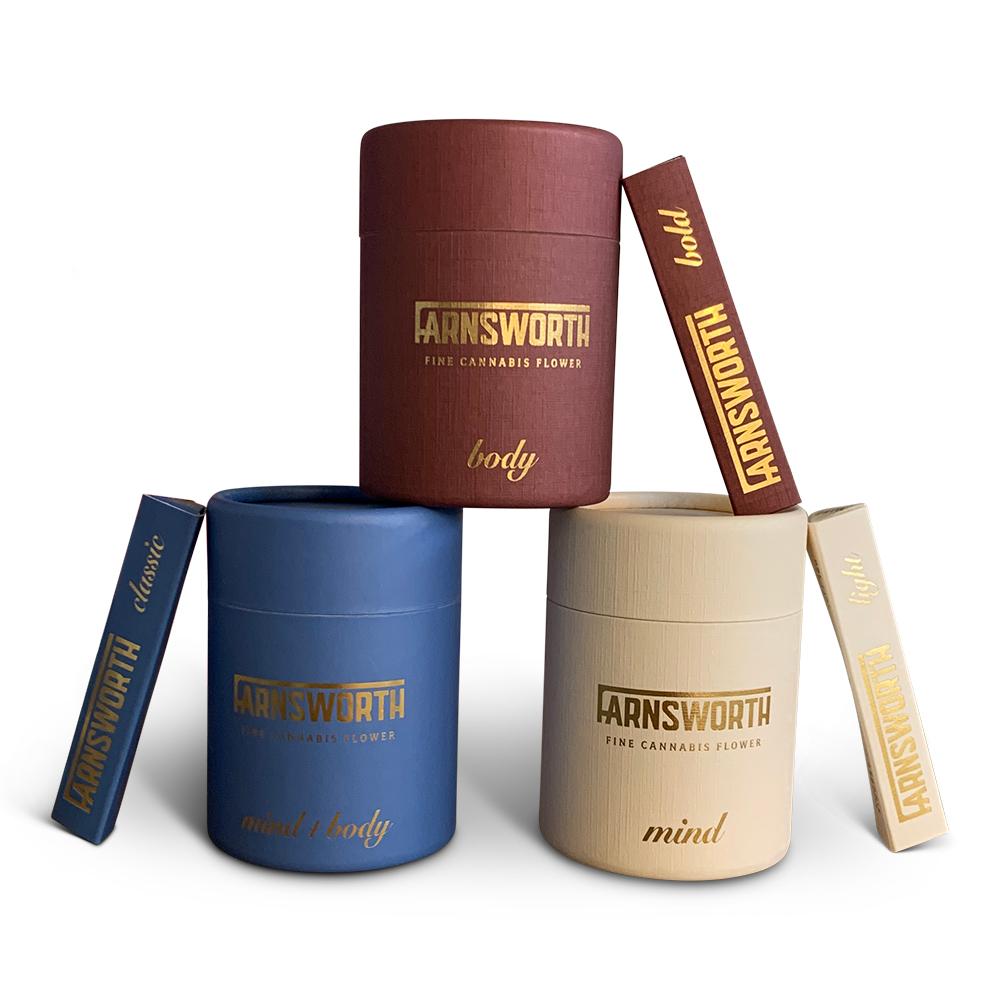 Paper tubes for Farnsworth fine cannabis flower. Custom packaging by PLC Print.