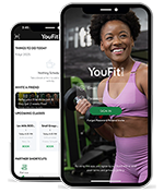 The YouFit mobile app interface showcases fitness screens: the right side features a woman in workout gear holding a dumbbell and login fields, while the left screen lists tasks, class schedules, and partner shortcuts. A sleek footer enhances navigation throughout the app.